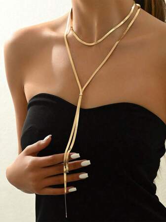 1 件时尚简约蛇链 Y 形双层长项链，金属蛇链 Y 形女式长项链，正式派对优雅魅力，性感魅力项链