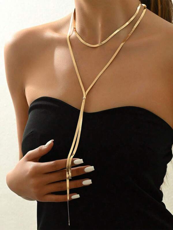 1pc Fashion Minimalist Snake Chain Y-Shape Double Layer Long Necklace, Metal Snake Chain Y-Shaped Long Necklace For Women, Elegant Charm For Formal Party, Sexy Charm Necklace