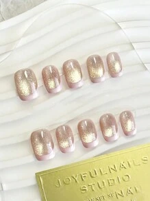 10 片粉色镀金猫眼假指甲，温柔法式甜美女孩风格，光芒四射，DIY 可重复使用短款全覆盖指甲贴纸按压指甲美甲用品 - 彩色 - 查看 2