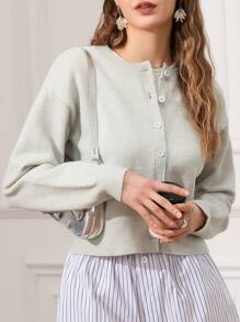 Women Y2k Button Front Cropped Sweater Cardigan Solid Color Crew Neck Long Sleeve Knit Open Front Cardigan Lightweight Knit Pullover Fall Outfits Tops Streetwear - Màu Xám nhạt - Xem 2