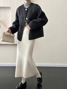 Warm For Spring, Women's Elegant Korean Style Small Fragrance Coat – Loose Fit, Single-Breasted, Round Neck, Double-Faced Wool. - Black - View 4