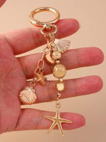 创意包包吊坠月亮星星海星钥匙扣时尚钥匙仿珍珠串珠爱心钥匙圈背包吊坠情人节 - 金色 - 查看 7