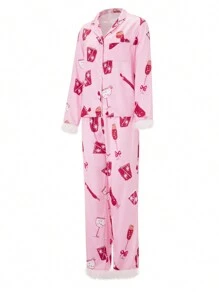 Women's 2 Piece Lounge Set Long Sleeve Lapel Goblet Print Shirt Pants Sleepwear Sets - 粉色 - 查看 3