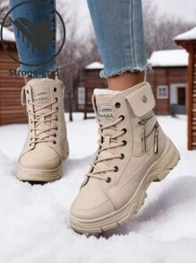 1 Đôi Giày Thể Thao Cổ Cao Buộc Dây Thường Ngày Cho Nữ, Giày Thể Thao Ngoài Trời Thiết Kế Đơn Giản Màu Trơn, Ấm Áp Cho Mùa Đông - Màu Khaki - Xem 4