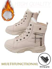 1 Đôi Giày Thể Thao Cổ Cao Buộc Dây Thường Ngày Cho Nữ, Giày Thể Thao Ngoài Trời Thiết Kế Đơn Giản Màu Trơn, Ấm Áp Cho Mùa Đông - Màu Khaki - Xem 2