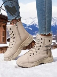 1 Đôi Giày Thể Thao Cổ Cao Buộc Dây Thường Ngày Cho Nữ, Giày Thể Thao Ngoài Trời Thiết Kế Đơn Giản Màu Trơn, Ấm Áp Cho Mùa Đông - Màu Khaki - Xem 3