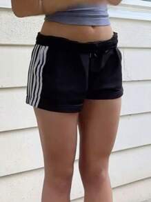 Women's Striped Shorts Casual Loose Elastic Waist Sport Short Pants With Pockets For Summer - Black - View 3