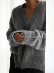 Lazy V-Neck Mink Fur Sweater Coat For Women, Autumn/Winter 2025 New Loose Fuzzy Knitted Card - Màu xám đen - Xem 2