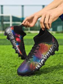 Tacos de fútbol para hombre con soporte de tobillo elástico para uso en exteriores, con tacos largos para entrenamiento de fútbol profesional, zapatos de fútbol para mujeres y estudiantes para partidos y práctica - Negro - Ver 2