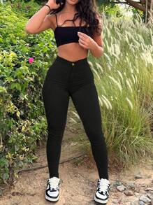 Vibrant Pastel Skinny Jeans - High-Rise, Zipper Button Closure, Soft Stretch Denim, Comfortable Fit, Women's Fashionable Denim Pants & Clothing For Everyday Wear(The Size Is Slightly Small; It Is Recommended To Order One Size Up.) - màu đen - Xem 5