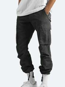 tooluck Mens Cargo Pants Casual Joggers Athletic Pants Cotton Loose Straight Sweatpants - màu đen - Xem 2