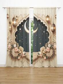 2 件开斋节穆装饰窗帘，杆袋，半透明，120 克密织，梦幻星空和东方氛围，月亮和星星图案，家居装饰 - 彩色 - 查看 11