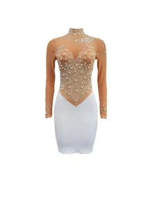 Vestido elegante de manga larga corto de unicolor con malla brillante y strass para mujer, para fiestas de primavera y verano, graduaciones, cenas y festivales - Albaricoque - Ver 4
