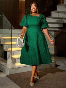 Plus Size Women Rose Jacquard Puff Sleeve A-Line Graduation Dress, Suitable For Commuting, Elegant Cocktail Party, Semi-Formal Dance, Birthday, Wedding Guest, Graduation Ceremony, Gala, Homecoming, Party And Other Occasions, For Valentine's Day - Green - View 5