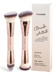 MAANGE 2Pcs Professional Facial Double Head Makeup Brush Set With Paper Box,Blush Brush Foundation Brush Contour Brush Concealer Brush,Makeup Brushes With Soft Fiber And Skin Friendly For Easy Carrying,Brush For Travel,Gifts For Women&Girls - 杏色 - 查看 4