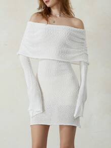 Women Bodycon Knitted Dress Boat Neck Off Shoulder Long Sleeve Casual Fuzzy Short Dress - White - View 3