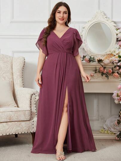 UNITHORSE 前后 V 领腰部褶皱雪纺大码伴娘礼服