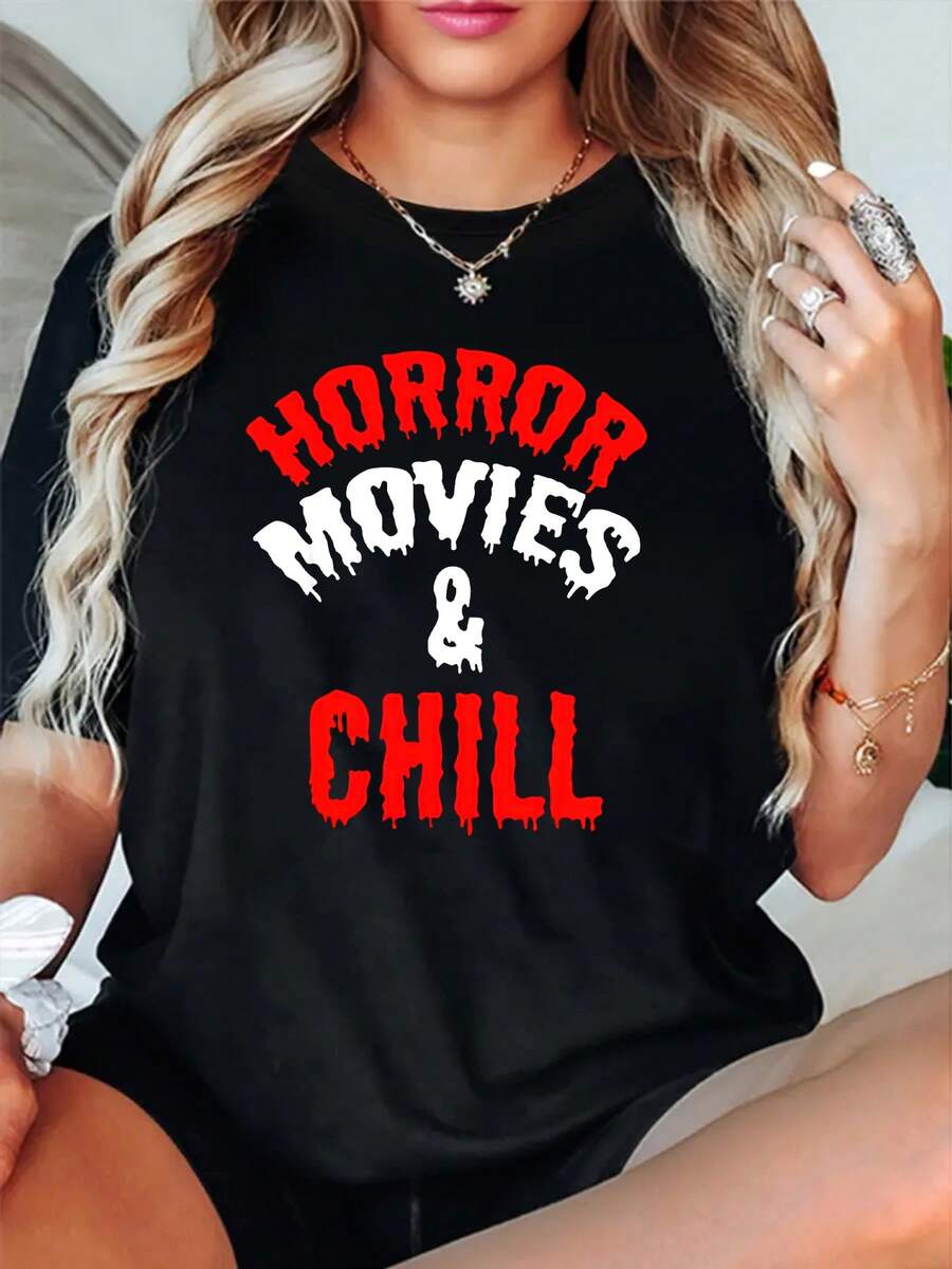 Horror Movise Letter Print Round Neck Short Sleeve T-Shirt For Women Casual, Summer , Women Top Graphic Tees Women Tops