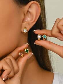 1 Set Luxurious Fashion Diamond-Shaped Colorful Glass Studded Open Hoop Design Stainless Steel Earrings, Suitable For Women's Party, Daily Fashion Outfit, Commuting Or As Gift