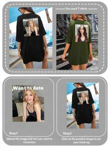 Gepersonaliseerde foto en tekst bedrukt zwart los dames sport T-shirt met korte mouwen, personaliseren met selfie, geliefde, familie, vrienden, huisdierfoto's en wensen, geschikt voor Valentijnsdag, verjaardag, nieuwjaar, feestjubileum, herfst- en winterkleding, cadeau voor beste vriend, muziekfestivaloutfit