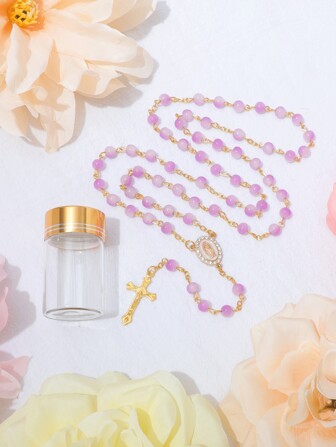 KOMI 1pc Handmade Glass Bead Prayer Beads, Water Crystal Maria Cross Necklace, Virgin Mary, Jesus Cross Pendant Gift