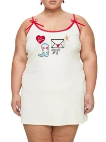 Women Plus Size Heart Bow Print Spaghetti Strap Sleeveless Cami Dresses - White - View 1