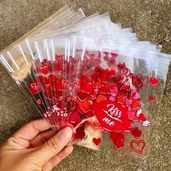 100pcs Red Heart Print OPP Bags, Wedding Party Theme Couples's Gift Decoration Geometric Pattern Plastic Seal Bags For Party Gifts And Promotions Valentine's Day