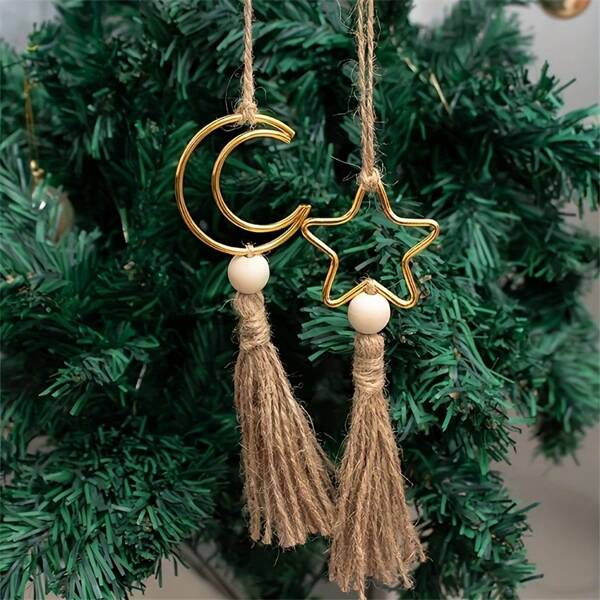 2Pcs Ramadan Celebration Pendant - Ramadan Fringed Star And Moon Decoration, Suitable For Weddings, Valentine's Day, Birthdays, Etc. - Made Of Wrought Iron