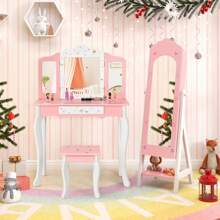 Homasis Kids Jewelry Cabinet Standing Children Jewelry Organizer W/ Full-Length Mirror Pink - 粉色 - 查看 4