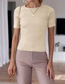 hoteel Women's Short Sleeve Basic Slim Top Crew Neck Ribbed Knit T-Shirt Cute Summer Outfit - Màu be - Xem 6