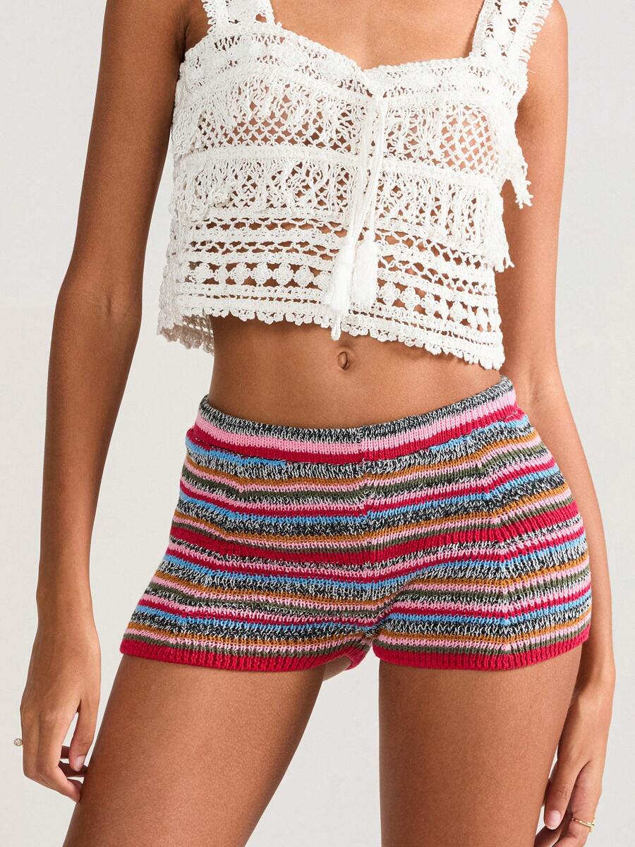 Women's Striped Shorts Casual Tight Fitted Mid Rise Knitted Short Pants For Summer Streetwear - Đỏ - Xem 1