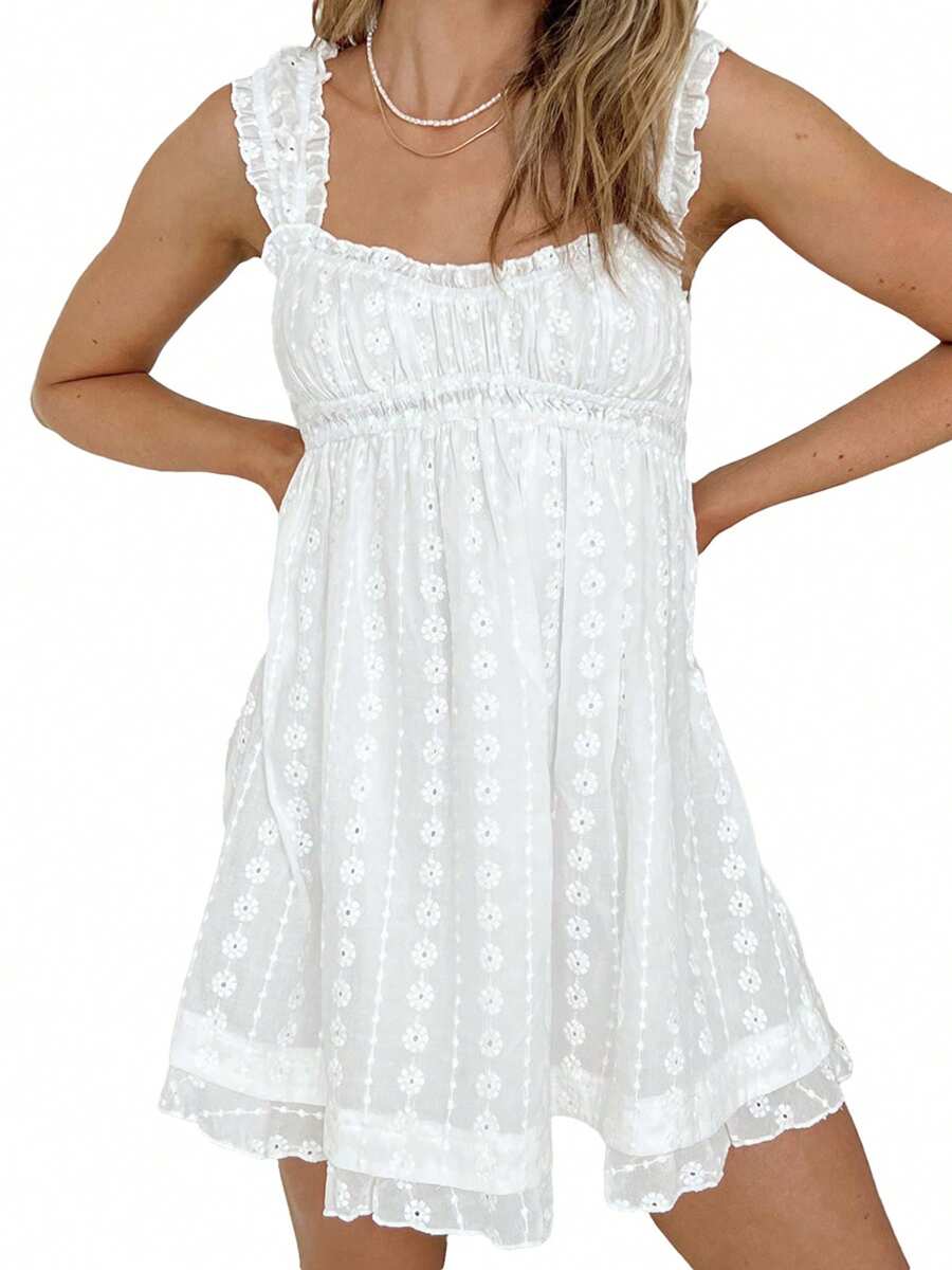 Women Summer Sleeveless Dress Floral Embroidery Loose Party A-Line Dress For Beach Club Streetwear - 白色 - 查看 1