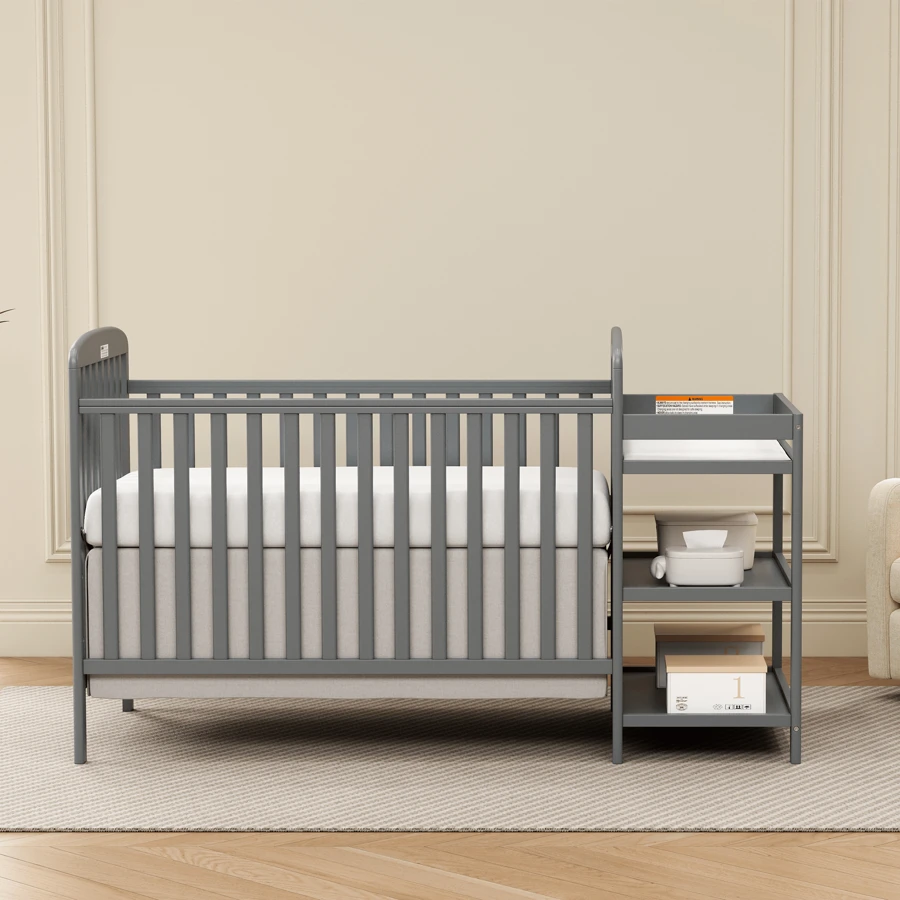 Goldzone 4-In-1 Convertible Baby Crib, Wood Full Size Crib Turns Into Toddler Bed, Daybed With Removable Shelf Accessory, 3-Level Adjustable Mattress Base - 風暴灰 - 查看 1