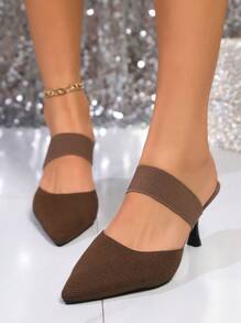 2025 Women's Elegant High Heel Shoes, Loose Elastic Knit Mule Shoes, Pointed Toe Slim Low Heel High Heels, Kitten Heel Ladies High Heel Sandals, Versatile Breathable Minimalist Style, Suitable For Valentine's Day, Halloween, Graduation, Dates, Walks, Commutes, Parties, Elegant Coffee Brown High Heels