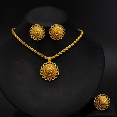Conjunto de joias de cor dourada, colar, pingente, brincos, anel, acessórios para festa de casamento, presente de feriado