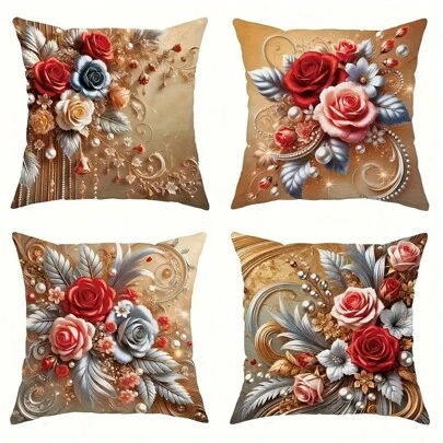 4 件春季奢华花卉和树叶图案枕套套装，红色、金色和银色，18x18 英寸，带拉链开合，易于护理，非常适合客厅和卧室装饰（不含枕芯）