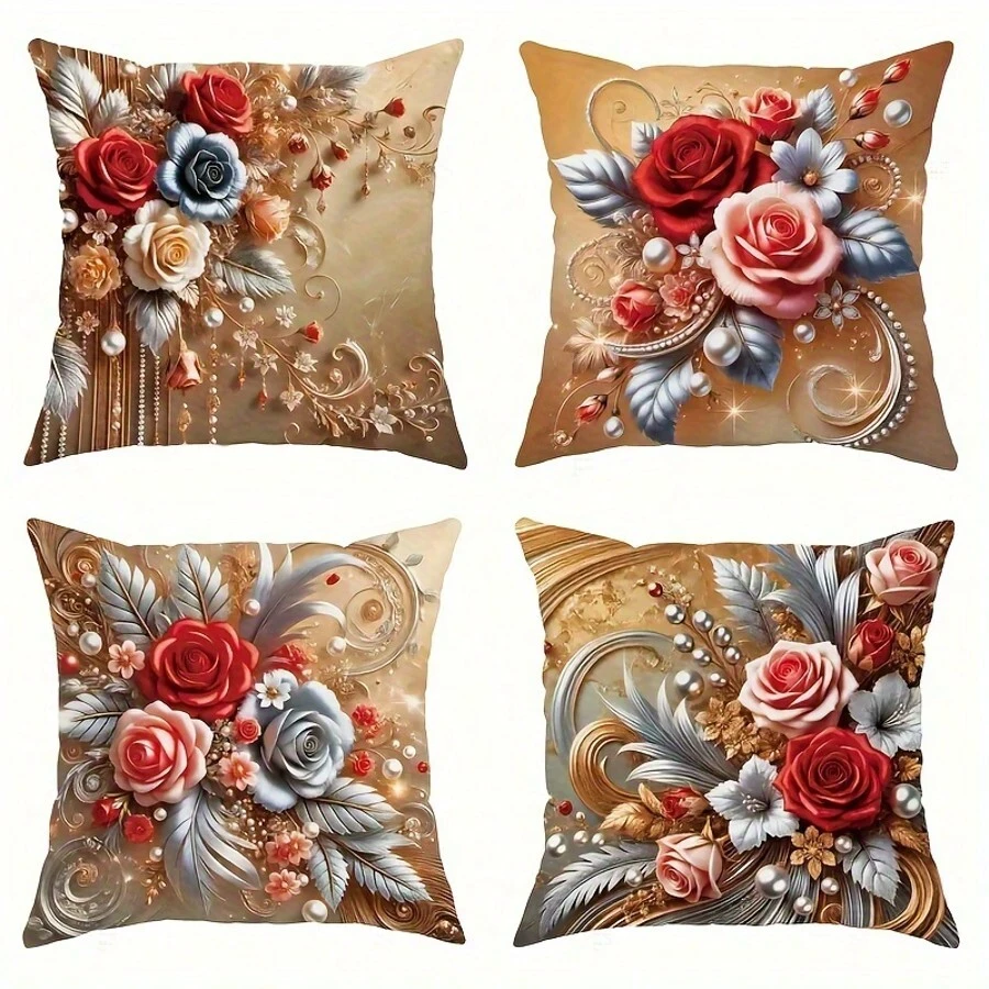 4 件春季奢华花卉和树叶图案枕套套装,红色、金色和银色,18x18 英寸,带拉链开合,易于护理,非常适合客厅和卧室装饰(不含枕芯) - 彩色 - 查看 1