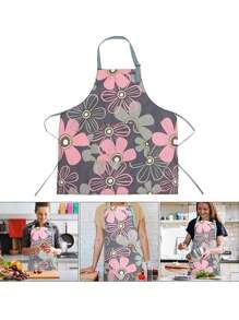 Delantal impermeable y a prueba de aceite con estampado de flores en color gris oscuro, 1 pieza con diseño colgante, cuello ajustable, sin mangas, resistente al desgaste, para usar en la cocina, el comedor, la jardinería y la repostería