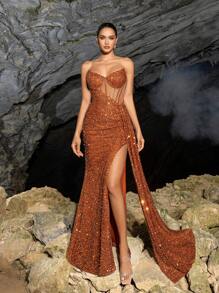 Faeriesty Đầm dạ hội maxi thanh lịch dành cho nữ, không dây vai, cổ tim, lấp lánh với vạt chéo bên hông và xẻ tà cao, hoàn hảo cho thảm đỏ, dạ tiệc, đám cưới và các bữa tiệc sang trọng. Thích hợp cho tiệc cưới, dạ hội hóa trang, tiệc vườn huyền bí, tiệc tối trang trọng, sự kiện thắt cà vạt đen, lễ tốt nghiệp và trang phục sinh nhật cho nữ, đầm mùa xuân, trang phục mùa hè. - trái cam - Xem 4