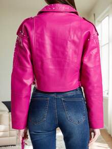 Thiết kế Niche Hot Girl, Phong cách xe máy, Đinh tán vòng kim loại, Áo khoác da PU ngắn, Phong cách mới cho mùa xuân và thu của phụ nữ - Hồng - Xem 4