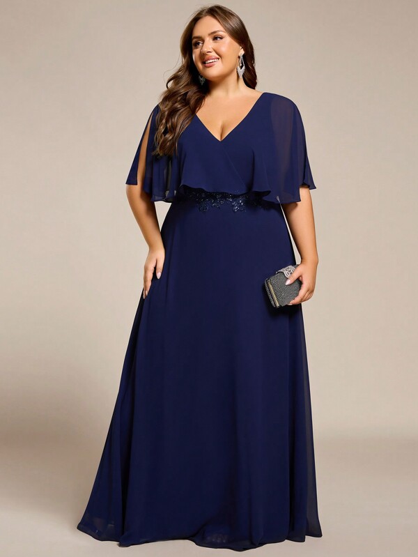 EVER-PRETTY Elegant V-Neck Embroidered Batwing Sleeve Plus Size Bridesmaid Dresses
