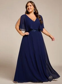 Elegant V-Neck Embroidered Batwing Sleeve Plus Size Bridesmaid Dresses