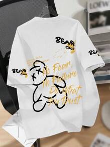 Teenager Boys' Cartoon Bear Graphic & Slogan Print Crew Neck Casual Soft T-Shirt, Summer - White - View 1