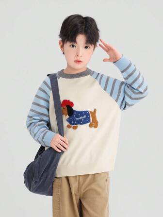  幼儿男孩针织毛衣，带有可爱的小狗图案，温暖，百搭，条纹配色层，Zosee