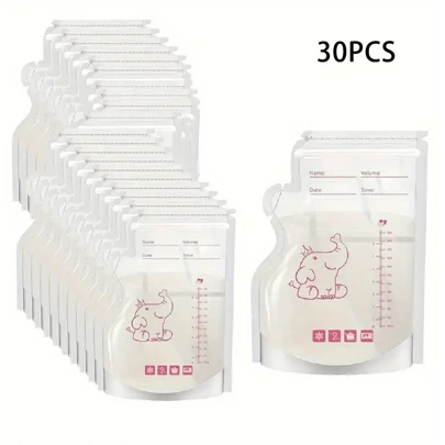 30pcs/60pcs/100pcs Baby Breast Milk Storage Bags, Snack Bags, Candy Bags, PET, Leak-Proof Zipper Seal, Pre-Sterilized, Dual Scale, Cartoon Elephant Design
