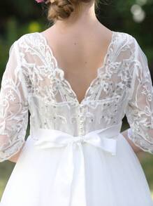 少女露背镶钻珍珠中长连衣裙，刺绣花朵亮片网纱裙，少女公主裙，花童婚礼派对正式礼服 - 白色 - 查看 9