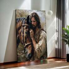 Rustic Charm Canvas Art - Vibrant Jesus & Horse Print On Wooden Frame, Ready-To-Hang Wall Decor For Living Room, Bedroom, Office, And Kitchen With Distressed Finish And Nature-Inspired Design