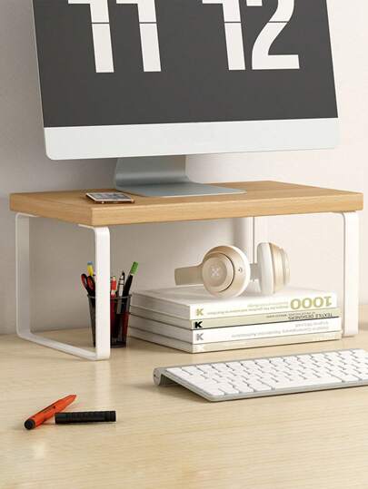 1pc Yellow Wooden Monitor Riser Stand, Display Shelf Desk Organizer, Laptop Computer Holder For Office Desk