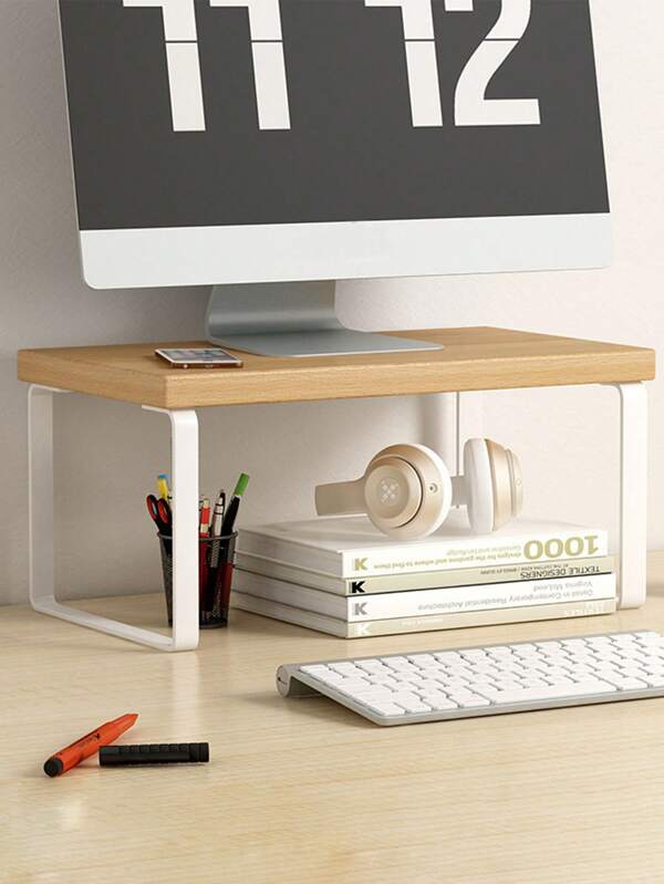 1pc Yellow Wooden Monitor Riser Stand, Display Shelf Desk Organizer, Laptop Computer Holder For Office Desk