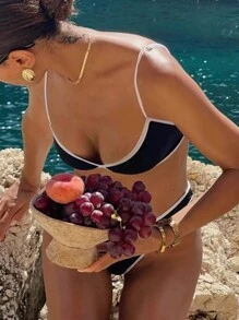 女士纯色黑白拼接性感休闲度假比基尼泳装套装，适合夏季海滩